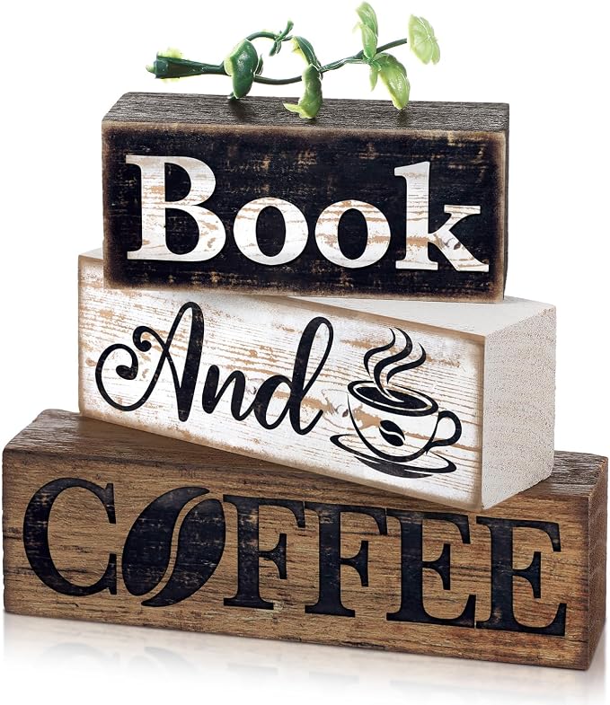 Moucuny 4 Pcs Farmhouse Table Decor Rustic Wooden "book and Coffee" Stacked Block Sign - Vintage Farmhouse Tiered Tray Decor with Coffee Cup & Bean Design, Perfect for Home Office Bookshelf Display by Moucuny