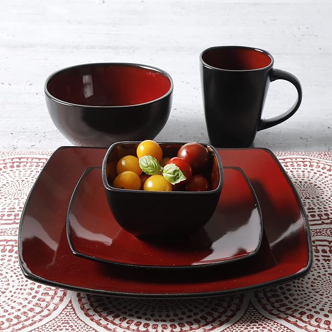 Gibson Elite Soho Lounge Square Reactive Glaze Stoneware Dinnerware Set, Service for 8 (40pc), Red/Black - Image 6