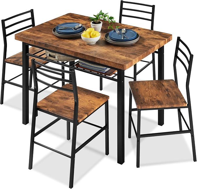 Best Choice Products 5-Piece Modern Dining Set W/Steel Frame, Space Saving Rectangular Kitchen Table W/ 4 Matching Chairs & Storage Rack for Apartments, Kitchens & Dining Rooms - Medium Brown/Black by Unknown