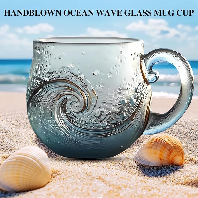 Sea Glass Wave Mug, 12 oz Handblown Ocean Wave Glass Mug Cup | Textured Sea Wave Design Unique Glassware for TeaCoffeeCocktails Beach Lovers Gift Giving 1PCS - Image 5