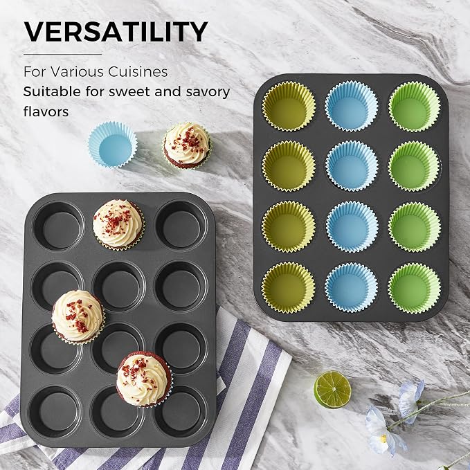 Non-Stick Muffin Pans, Cupcake Pan with Silicone Baking Cups, 2 Pack Non toxic Healthy Muffin tin, Heavy duty-Dark Grey - Image 4