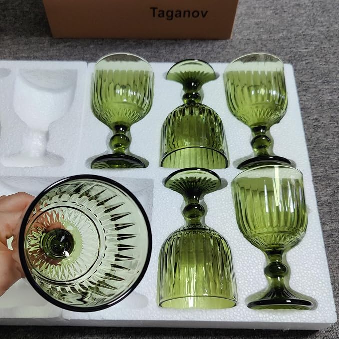 Taganov Green Water Glasses Drinking Wine Goblet set of 6 Vintage Glassware Colored Stemware 11 ounce for Wedding Party Bar Vertical Embossed Pattern Stemmed Cups 330 ml - Image 4