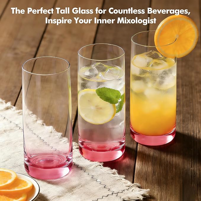 Pink Highball Glasses Set of 6,13oz Pink Drinking Glass Cups for Mixed Drink Cocktail, Beer, Mojito, Water and Juice,Thick Tall Crystal Glassware for Kitchen, Restaurant, Home Bar and Parties - Image 6