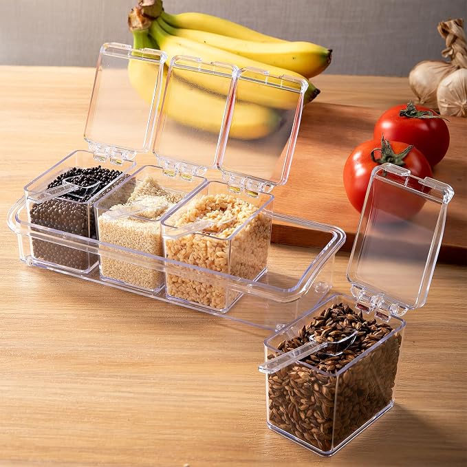 Clear Seasoning Box, 4 Pieces Seasoning Rack Spice Pots, Storage Container Condiment Jars Acrylic Seasoning Box with Covers and Spoons for Spice, Sugar, Salt, Sugar, Cardamon, Cinnamon - Image 6