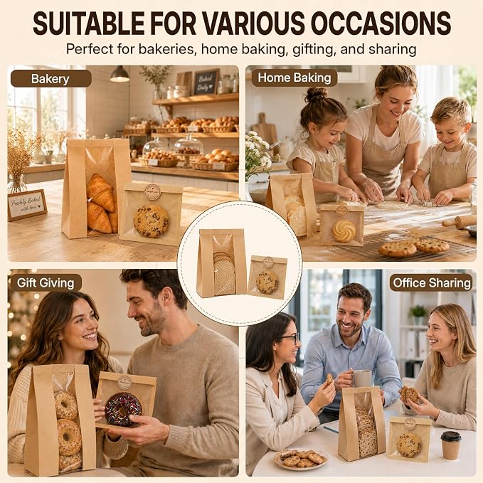 200PCS Large Bread Bags 13.7”x8.3”x3.5” and Cookie Bags 7.8”x7.41” for Homemade Bread and Cookies with Clear Window with 200 Stickers Sourdough Bread Bags for Toast Nuts Candy - Image 5