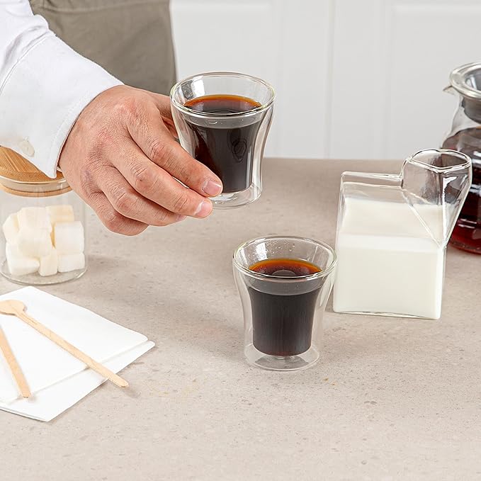 Restaurantware-Forma Professional 3.4 oz Double Wall Shot Glasses, 2 Insulated Espresso Cups - Dishwashable, Reusable, Clear Glass Coffee Cups, Freezable, For Hot Or Cold Beverages