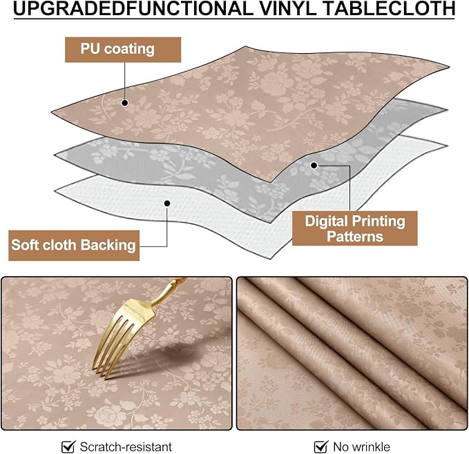 Smiry Round Waterproof Heavy Duty Vinyl Tablecloths, 70 x 70 Inch | Wipeable Washable Floral Embossed Table Cover for Kitchen and Dining Room, Indoor & Outdoor Use, Khaki - Image 5