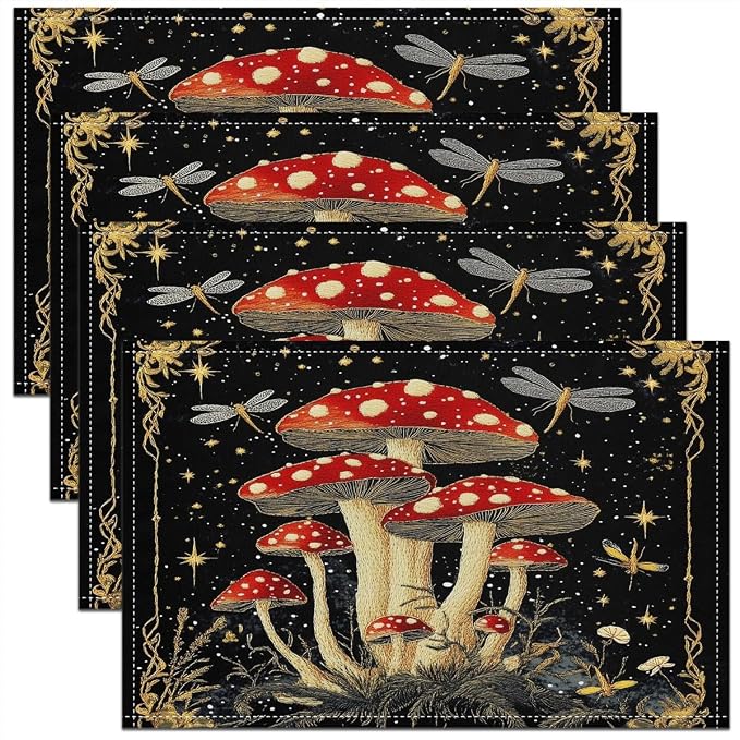 Feelyou Mushroom Decor Table Place Mats 18"x12" Longleg Mushroom Placemats Set of 4 Dragonfly Placemat for Kitchen Dining Table Decor Indoor Outdoor Botanical Theme Decor Table Place Mats by Feelyou