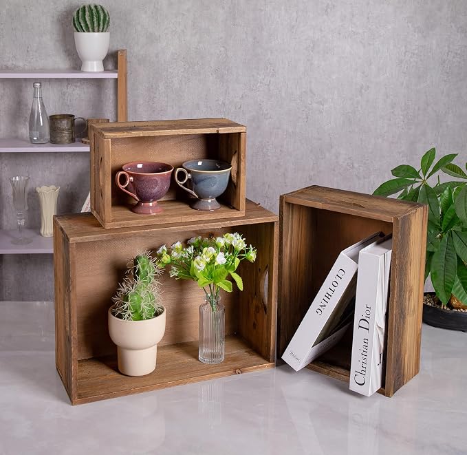 TIMRIS Set of 3 Rustic Distressed Wood Nesting Crates, Farmhouse Decorative Wooden Storage Boxes, Vintage Reclaimed Wood Baskets for Display (Natural) - Image 3