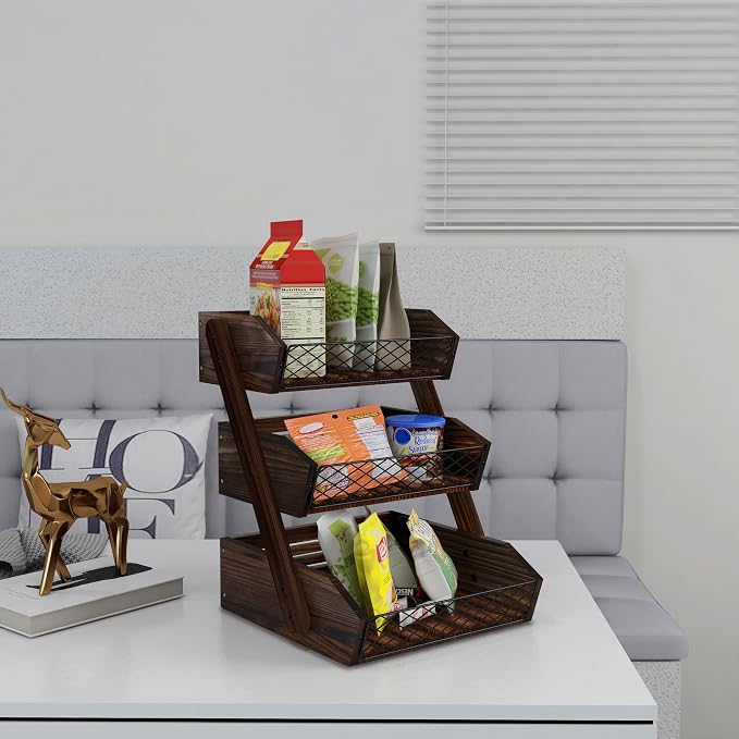 Dorhors Fruit Basket for Kitchen Counter Organizer,Fruit Bowl Stand Storage | 3 tier Rustic Brown Vegetable Holder,Wood Bread Display Rack,Kitchen Countertop Organizer Shelf for Snack,Onion,Banana,Potato - Image 4
