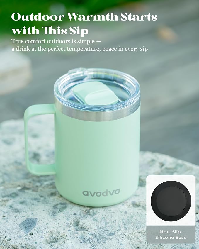12oz Insulated Coffee Mug with Lid – Includes Two Lids, Stainless Steel Coffee Travel Mug with Handle, Double Wall Vacuum Insulated Camping Mug for Home, Office & Outdoor, Mint Green - Image 6