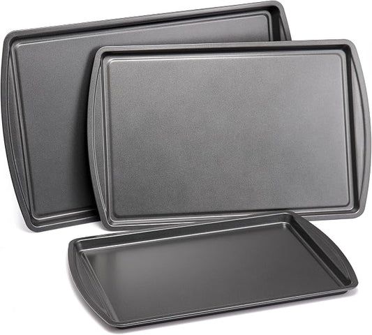 Set of 3 Gray Carbon Steel Nonstick Baking Cookie Sheet Pans, 9 x 13/10 x 15/11 x 17 Inch Multipurpose Oven Safe Bakeware Trays for Cookies, Pastries & Roasting by Unknown