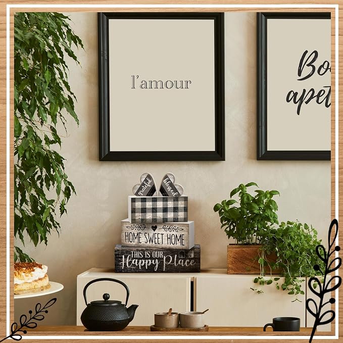 Moucuny 4 Pcs Farmhouse Decor Black and White Farmhouse Tiered Tray Decorations Home Sweet Home Table Centerpiece Wooden Blessed Heart Rustic Checked Kitchen Decor and Accessories Block Sign for Shelf - Image 6