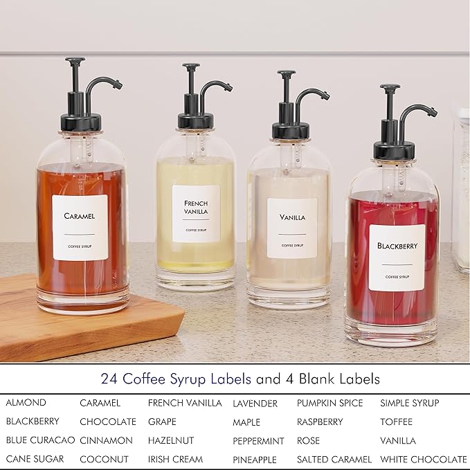 16.9 oz/500 ml Coffee Syrup Dispenser Set - 4 Glass Bottles with Black Pumper and Syrup Labels - Precise Dispensing and Stylish Addition to Coffee Shop, Cafe or Home Bar - Image 5