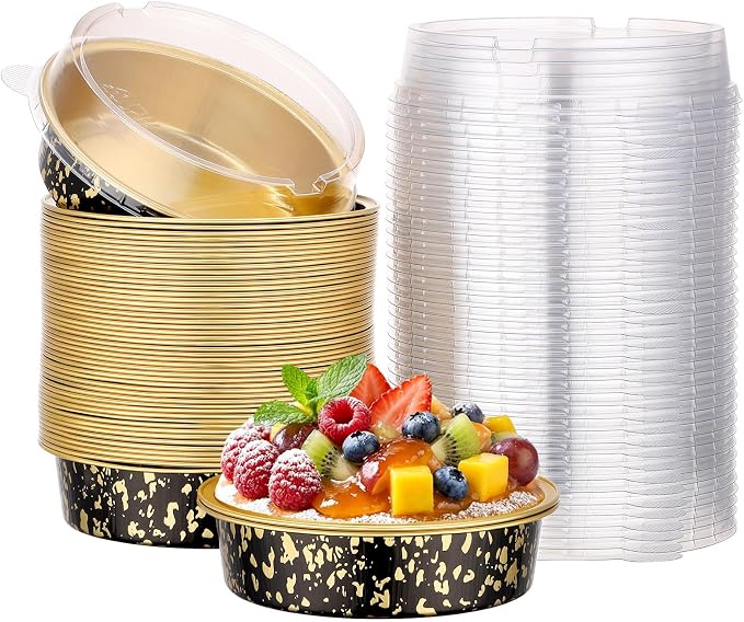 Beasea 4 Inch Pie Tins with Lids, 50 Pack 7.3 Oz Disposable Mini Tart Tins, Aluminum Foil Baking Tins Small Round Muffin Container Mini Cheesecake Cups for Pie Tart Quiche - Black Gold Speckles by Beasea
