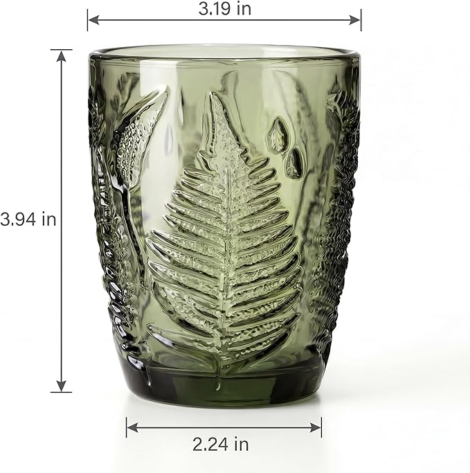 Green Drinking Glasses Set of 8, 10 oz Glass Cups, Vintage Fern Glassware | Hand-Pressed, Dishwasher Safe, Boho Leaf-Textured Drinkware, Colored Embossed Lowball Tumblers for Water, Retro Kitchen Gift - Image 4