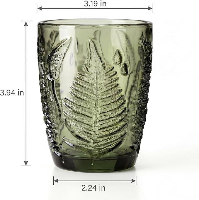 Vintage Green Drinking Glass, 10 oz Hand-Pressed Deep Textured Glass Cup, Fern Embossed Retro Glassware, Decorative Tumbler for Water, Cocktails & Juice, Boho Colored Kitchen Drinkware, Unique Gift - Image 7