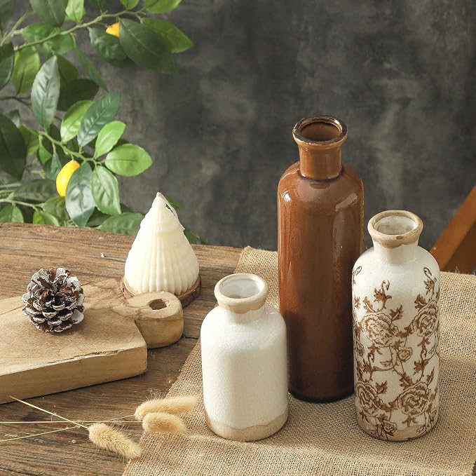 Vintage Vase Set of 3, Ceramic Vintage Flower Vases, Chinoiserie Decorative Home Decor Retro Floral Vase Rustic Farmhouse Decor for Table Bookshelf Mantel Kitchen Living Room Office - Brown - Image 4