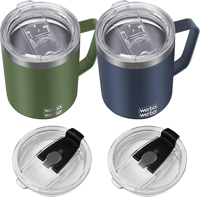 WETOWETO 14 oz Coffee Mug, Vacuum Insulated Camping Mug with Lid, Double Wall Stainless Steel Travel Tumbler Cup, Coffee Mugs Outdoor, Navy Blue & Olive Green 2 Packs by Wetoweto