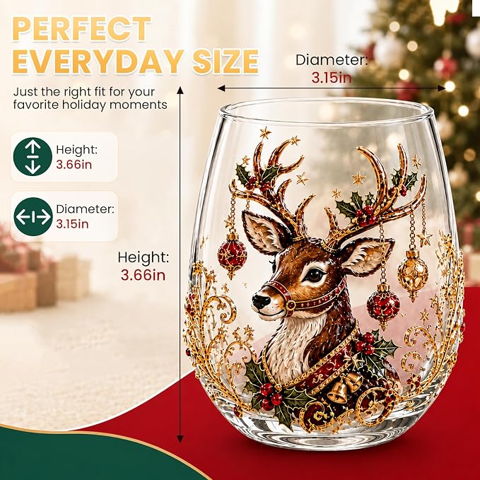Christmas Wine Glasses, 12oz Stemless Holiday Glassware with Festive Style (Reindeer) - Image 2