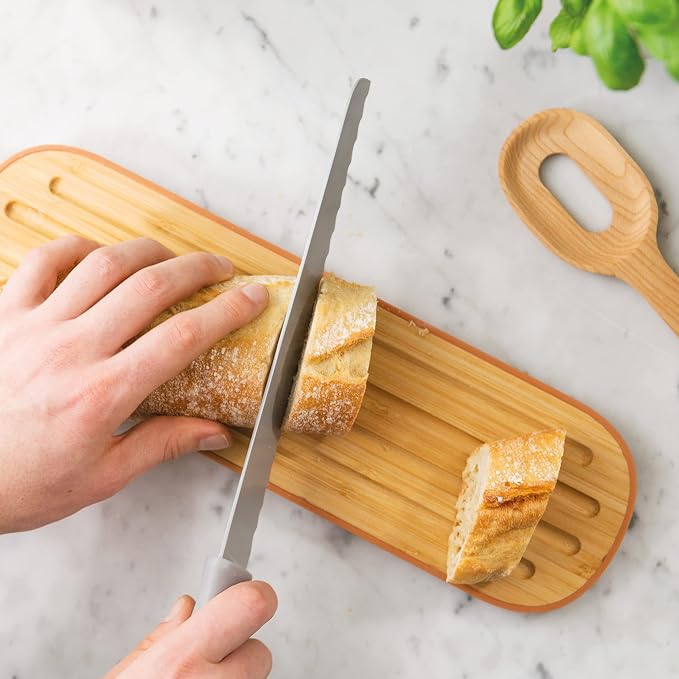 Berghoff Leo Long Bamboo Wood Kitchen Cutting Board With Handle, 44 x 10cm | Slotted French Bread Crumb Chopping Board, 17 x 4.5 Inches, Appetizer Serving Tray & Food Prep Board With Storage Loop - Image 3