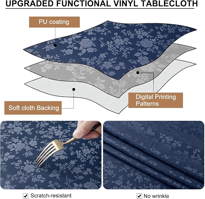 Smiry Rectangle Waterproof Heavy Duty Vinyl Tablecloths, 60 x 126 Inch | Wipeable Washable Floral Embossed Table Cover for Kitchen and Dining Room, Indoor & Outdoor Use, Navy Blue - Image 4