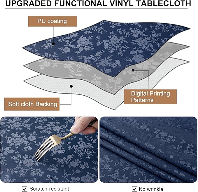 Smiry Rectangle Waterproof Heavy Duty Vinyl Tablecloths, 60 x 140 Inch | Wipeable Washable Floral Embossed Table Cover for Kitchen and Dining Room, Indoor & Outdoor Use, Navy Blue - Image 3