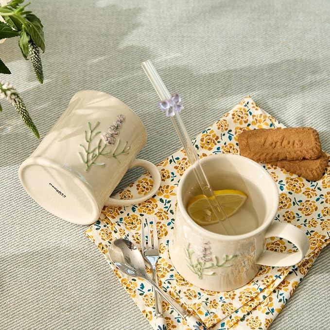 Artisanal Handcrafted Ceramic Mug with Sage Botanical Design - 10oz Off-White Stoneware Coffee Cup, Elegant Purple Sage Pattern, Dishwasher Safe, Comfort Grip Handle for Daily Use-2pack - Image 3