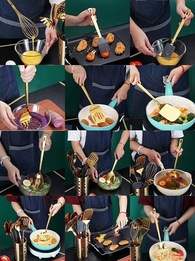 Gold Cooking Utensils Set, Kyraton Stainless Steel 37 Pieces Kitchen Utensils Set with Titanium Gold Plating, Kitchen Gadgets Tool Set with Utensils Racks Heat Resistant Dishwasher Safe - Image 7