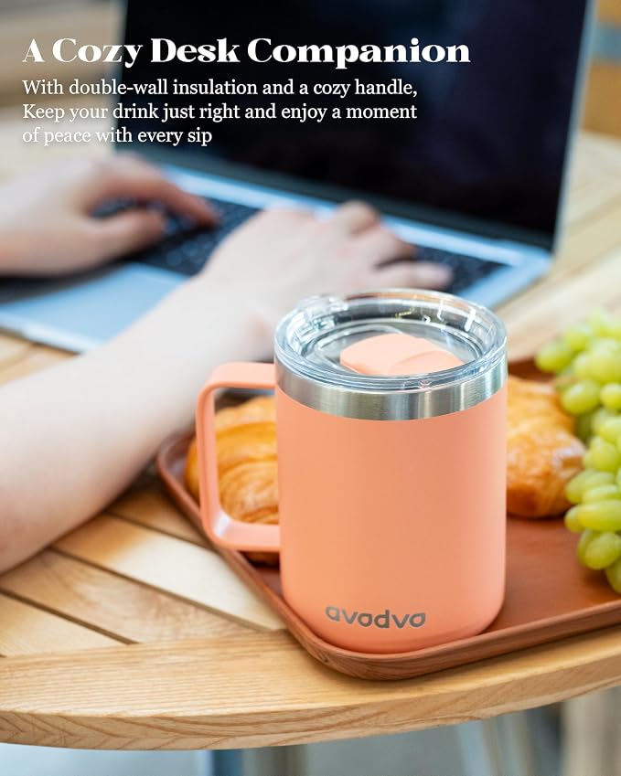 12oz Insulated Coffee Mug with Lid – Includes Two Lids, Stainless Steel Coffee Travel Mug with Handle, Double Wall Vacuum Insulated Camping Mug for Home, Office & Outdoor, Rose Gold - Image 4