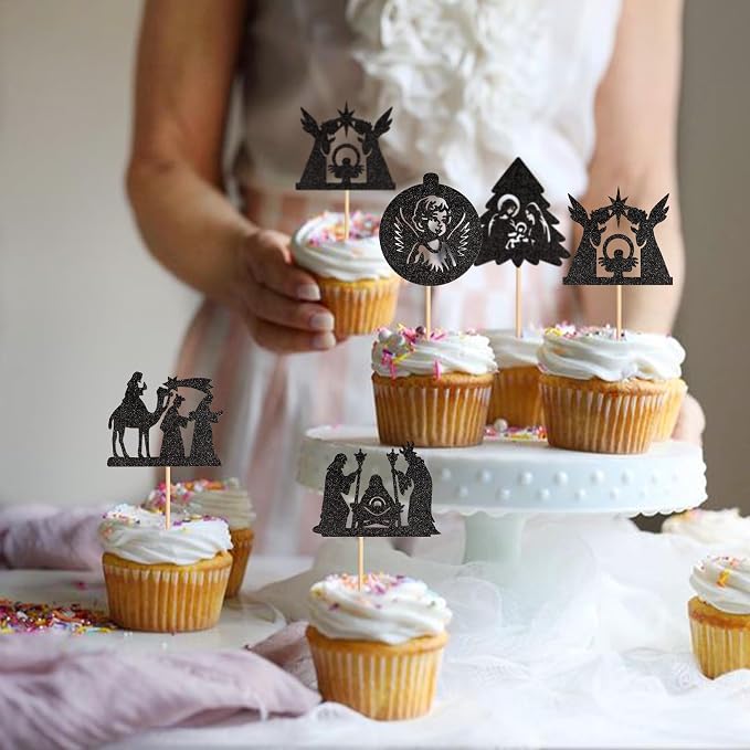 25Pcs Religious Baby Cupcake Toppers Black Glitter Christmas Cake Picks for Christian Baby Shower Birthday Party Cake Decorations - Image 4