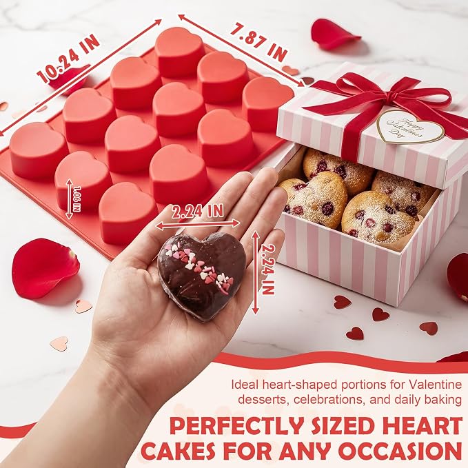 HKNMTT 2Pcs Silicone Heart Molds for Chocolate Muffin 12-Cavity Nonstick | 2.2 Inch，BPA-Free，Oven Safe Mold for Cakes Jello Soap Cupcake Dessert, Valentine's Day - Image 5