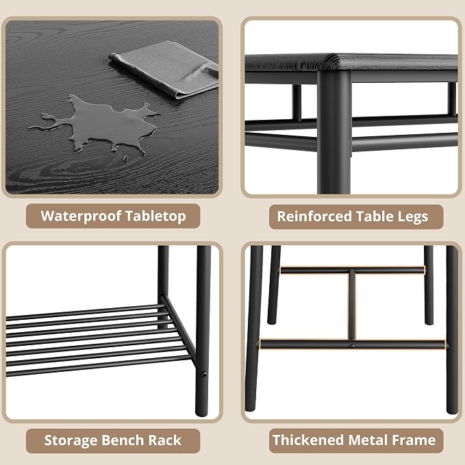 IRONCK Dining Table Set for 4, Kitchen Table and Chairs Set, Black | Kitchen Table with Upholstered Bench and 2 Chairs for Small Space, Apartment - Image 7