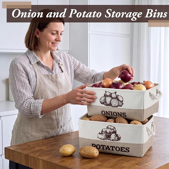 Marsui 2 Pcs Potato and Onion Storage Baskets with Handles, Foldable Kitchen Vegetable Storage Bins, Rustic Countertop Pantry Organizer for Potatoes, Onions, Fruit, Vegetables - Image 3