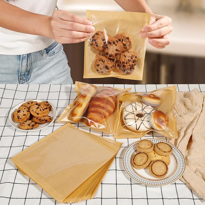 SUREHOME Paper Sandwich Bags 100 Pcs 7.1 X 7.5 In Kraft Brown Paper Bags with Window Individual Heat Seal Bakery Bag with Sticker Cookie Bag for Party Favors Snacks Treats Bread Baked Goods Packaging - Image 6