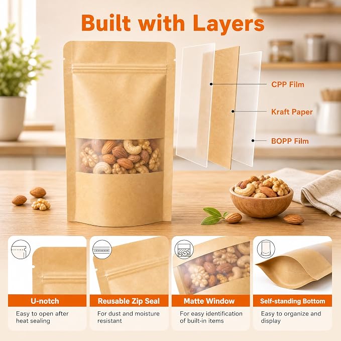 100 Pcs Kraft Paper Bags with Window, 4" x 6" Stand Up Pouches Bags, Food Storage Bags for Packaging Products, Reusable, Sealable - Image 4