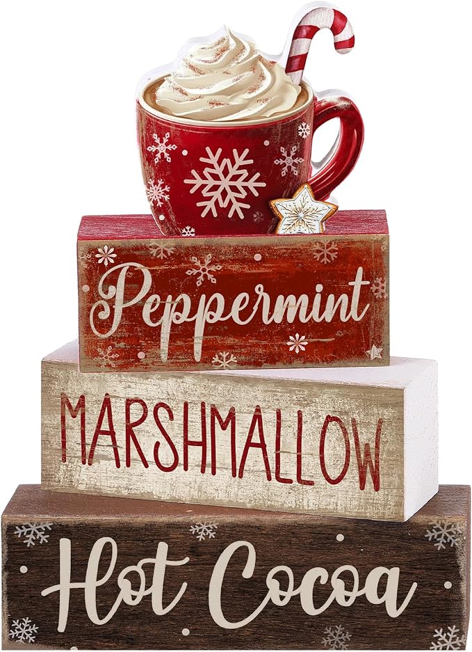 Moucuny 4 Pcs Christmas Table Decor Wooden Hot Cocoa Decoration Christmas Centerpiece Winter Tiered Tray Decor Decorative Red Hot Cocoa Block Signs Farmhouse Xmas Decoration for Home by Moucuny