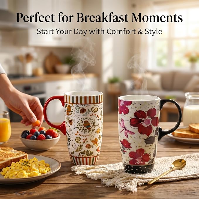 Topadorn Set of 2 Ceramic Travel Mug with Lid, 17oz Ceramic Coffee Mug | Nature Inspired Floral & Woodland Design, Microwave & Dishwasher Safe, Gift Boxes Included - Image 4