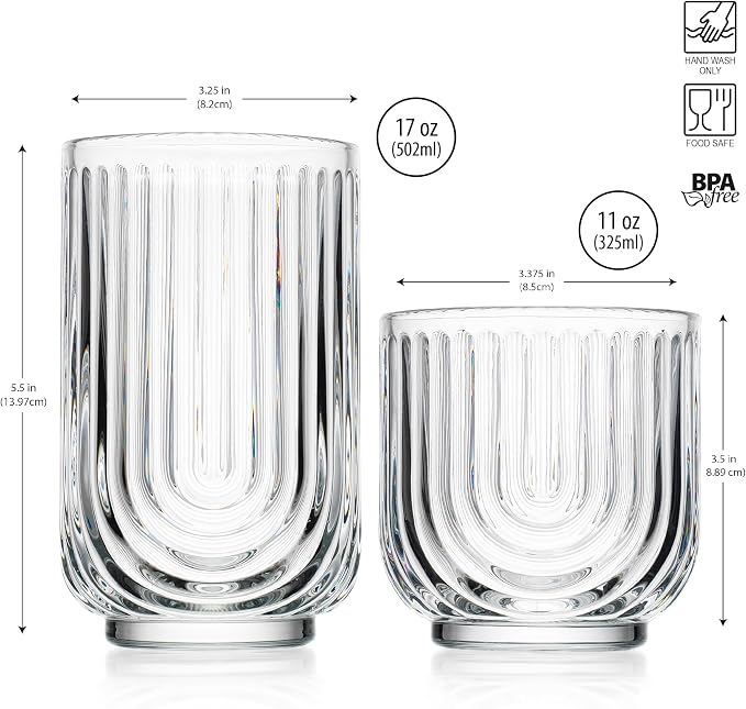 Glaver's 8-Piece Drinking Glass Set, Art Deco Ribbed Arch Glassware, Clear U-Shape Design, 17oz Highball and 11oz DOF Glasses Kitchen Glasses - Image 3