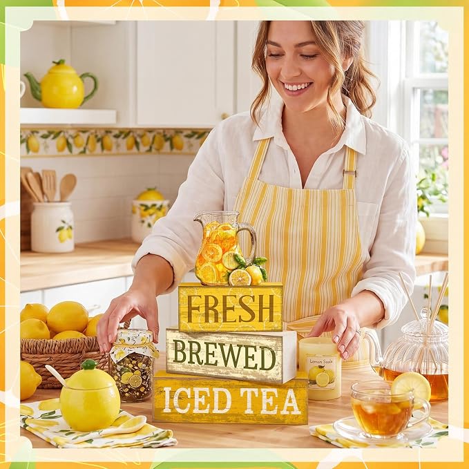 Moucuny 4 Pcs Summer Lemon Decor Summer Table Decorations Fresh Brewed Iced Tea Wooden Stacked Block Decor Rustic Summertime Tiered Tray Decoration for Kitchen Counter, Coffee Bar, Dining Table - Image 4