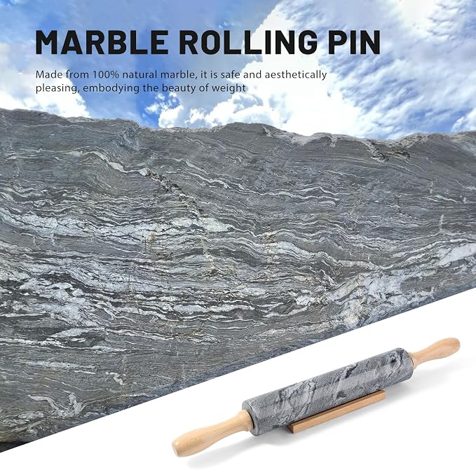 Marble Rolling Pin, Non-Stick Polished Dough Roller, Pasta, Dumpling, Ravioli, Fondant,Pie Crust, Kitchen Baking Pastry Tools Grey Marble - Image 2