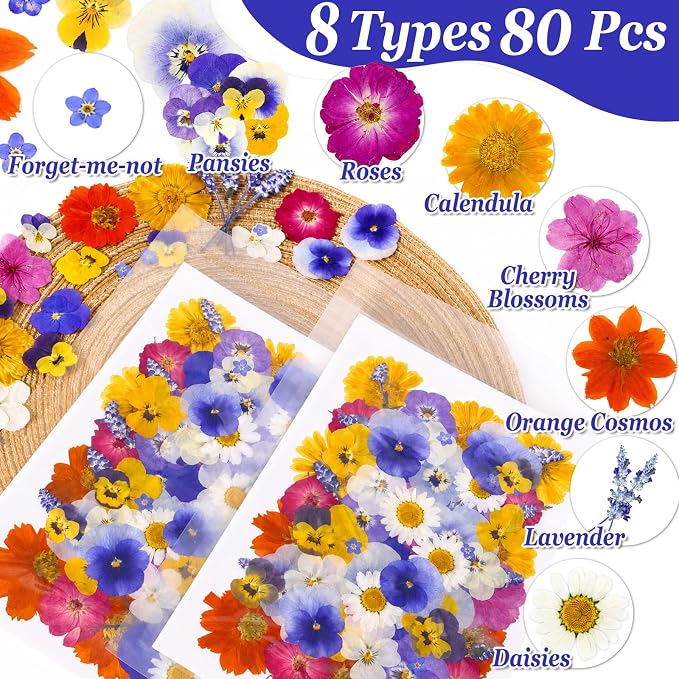 80Pcs Natural Dried Pressed Edible Flowers for Cocktails & Cake Decorating | 8 Kinds Food Grade Flowers· Perfect for Drinks, Cake Topper & Crafts· Wedding & Party· Vibrant Natural Colors - Image 3