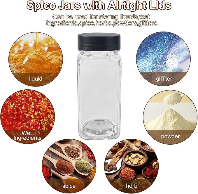 48 Spice Jars with Labels, 4oz Seasoning Jars for Cabinets, Drawers, Racks | Lead-free glass seasoning containers with black airtight lids, and they are dishwasher safe - Image 7