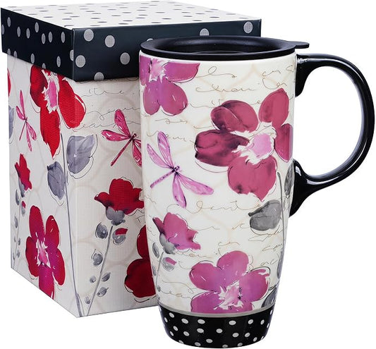 Topadorn 17oz Ceramic Travel Mug with Lid, Pink Floral Coffee Mug for Women | Coffee Mug with Handle, Pink Watercolor Floral Design, Spill-Resistant Lid, Microwave & Dishwasher Safe, Gift Box Included by Topadorn