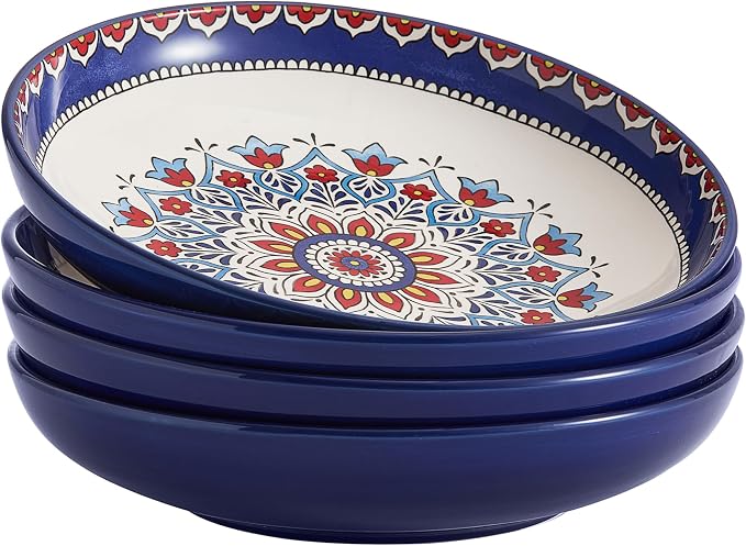 Bico Boho Totem Pasta Bowls, 35oz Salad Bowl Set of 4, Large Ceramic Serving Dinner Bowls for Soup and Cereal, Microwave and Dishwasher Safe, Gift for Housewarming and Thanksgiving by Bico