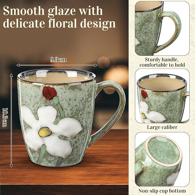 Maxdot 1 Pcs 12oz Ceramic Coffee Mugs Sets Glazing Process Cappuccino Mug Floral Ceramic Tea Cups Idea Gift Set for Women Porcelain Cup for Coffee, Cocoa, Tea, Latte (Retro) (Fresh) - Image 2
