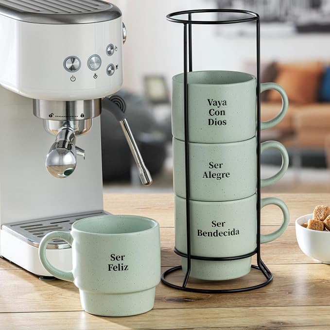 Signature Housewares Stackable Coffee Mug Tower Set with Metal Wire Rack - 15 Ounce Coffee Mugs for Coffee, Tea, Cocoa, Milk, Cappuccino, Hot Chocolate Set of 4 - Spanish Bendecida Blessed - Image 5