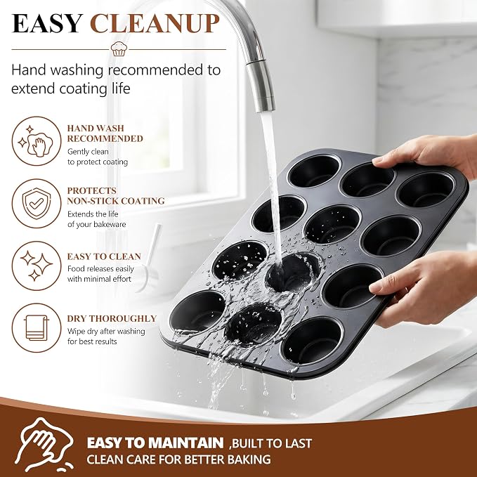E-far 12-Cup Muffin Pan Tin, Nonstick Carbon Steel Cupcake Pan Tray | Metal Bakeware Muffin Baking Tins for Oven, Standard Size, Ideal for Muffins, Cake Tart, Brownies, Easy Clean & Non-toxic - Image 7