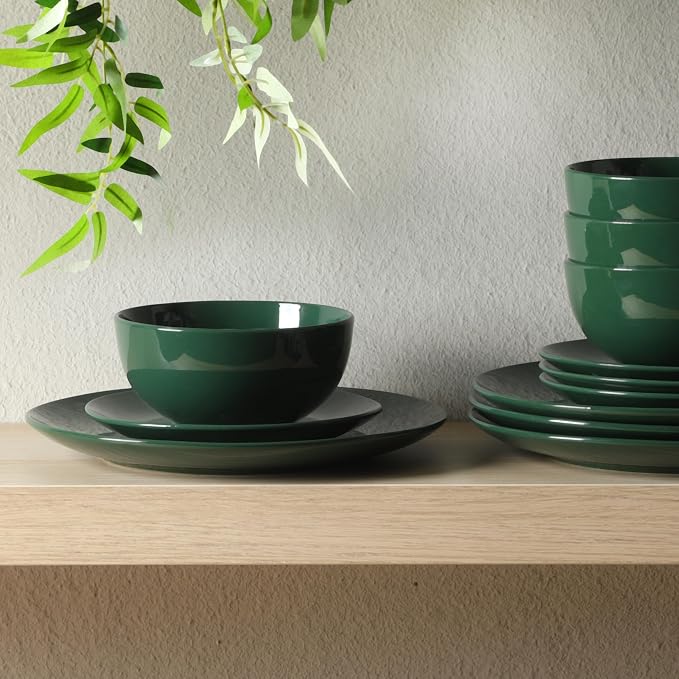 Gibson Home Simple Essential (Service for 4) 12 Piece Plates and Bowls Porcelain Solid Color Dishes Ceramic Dinnerware Set - Hunter Green - Image 5