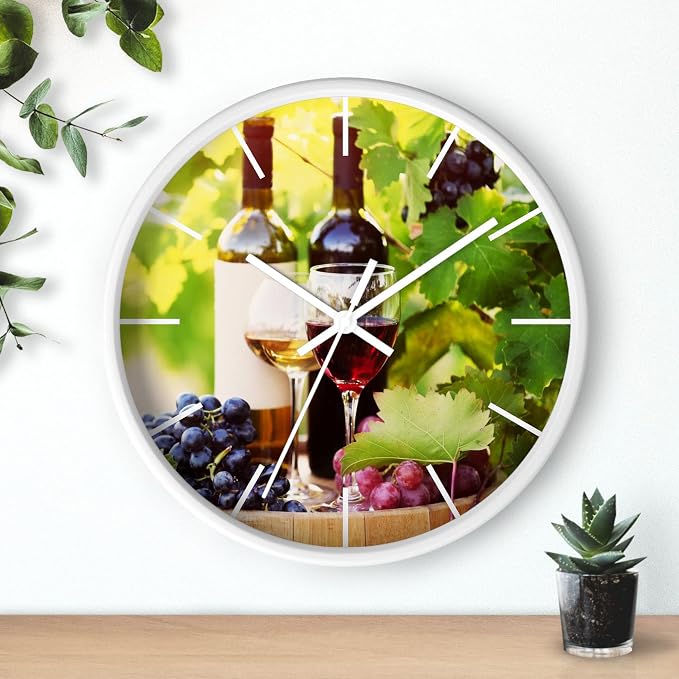 Mozingo ~ Wine Clock for Kitchen Bar Wall It's Wine O'clock Silent Time Gift Home Decor Made In USA, 10" (Hour Marks - Lines, Clock Frame Color - White, Wine Theme #03) - Image 3
